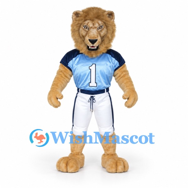 Lion Mascot Costume with Blue Football Jersey and White Pants