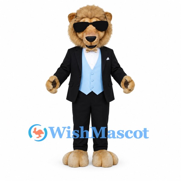 Lion Mascot Costume with Black Suit and Sunglasses