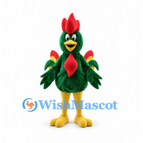 Green Rooster Mascot Costume with Red Comb and Yellow Legs