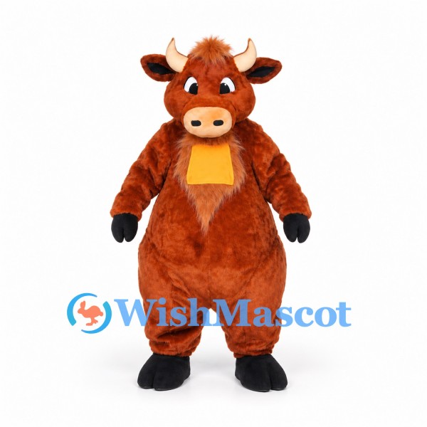 Brown Bull Mascot Costume with White Horns and Yellow Chest Patch