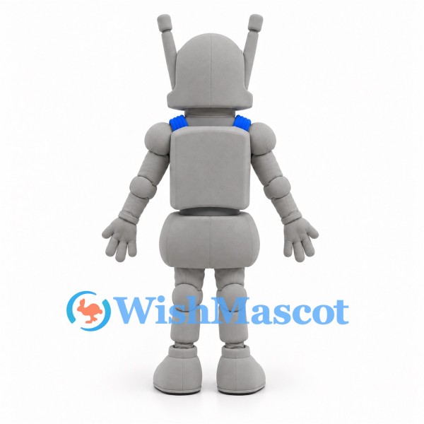 Gray Robot Mascot Costume with Long Antennae and Blue Shoulder Details