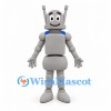 Gray Robot Mascot Costume with Long Antennae and Blue Shoulder Details