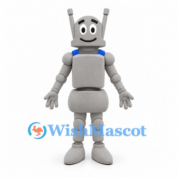 Gray Robot Mascot Costume with Long Antennae and Blue Shoulder Details