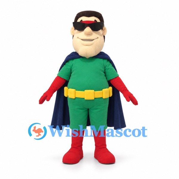 Superhero Mascot Costume with Green Suit and Navy Cape