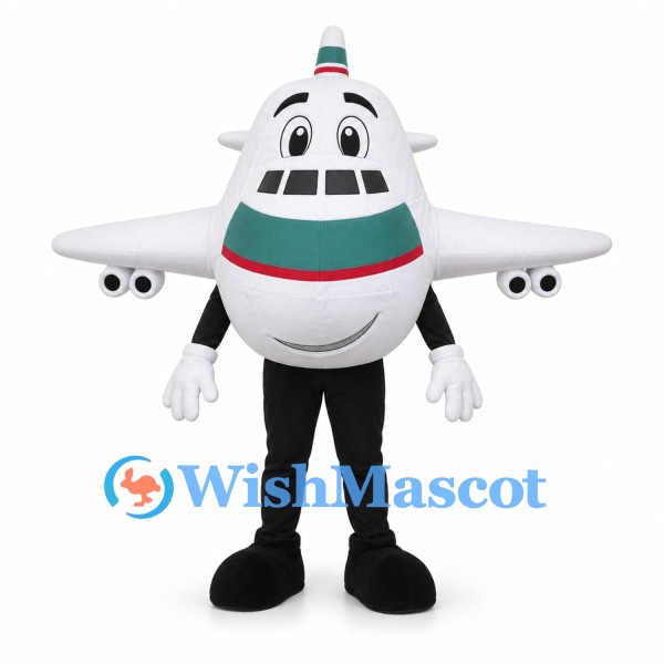 Airplane Mascot Costume with White Wings and Green Stripe