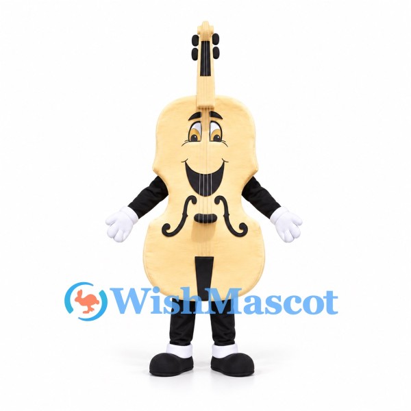 Guitar Mascot Costume with Wood-Tone Body and White Gloves