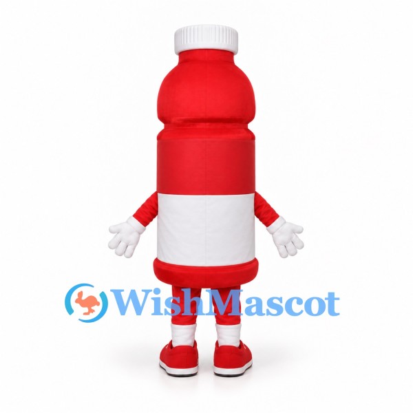 Red Bottle Mascot Costume with White Label and Cap