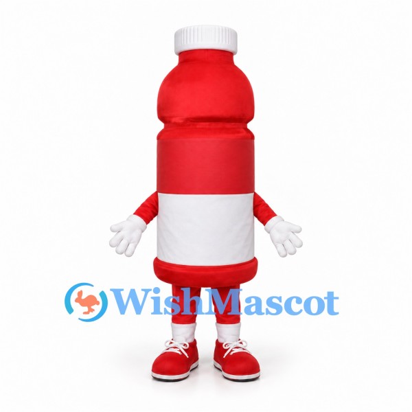 Red Bottle Mascot Costume with White Label and Cap