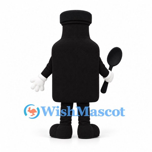 Black Bottle Mascot Costume with White Label and Spoon