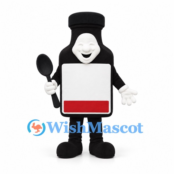 Black Bottle Mascot Costume with White Label and Spoon