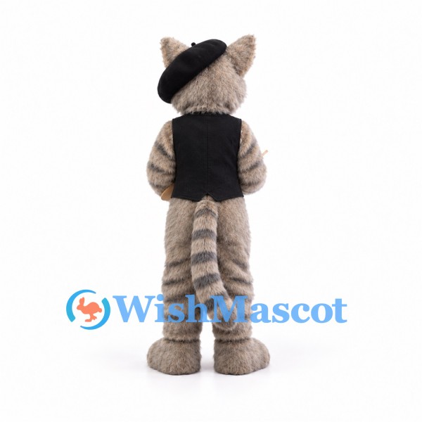 Gray Tabby Cat Mascot Costume with Black Beret and Vest
