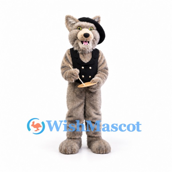 Gray Tabby Cat Mascot Costume with Black Beret and Vest