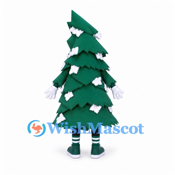 Christmas Tree Mascot Costume with Layered Branches and White Snow Patches