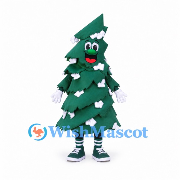 Christmas Tree Mascot Costume with Layered Branches and White Snow Patches