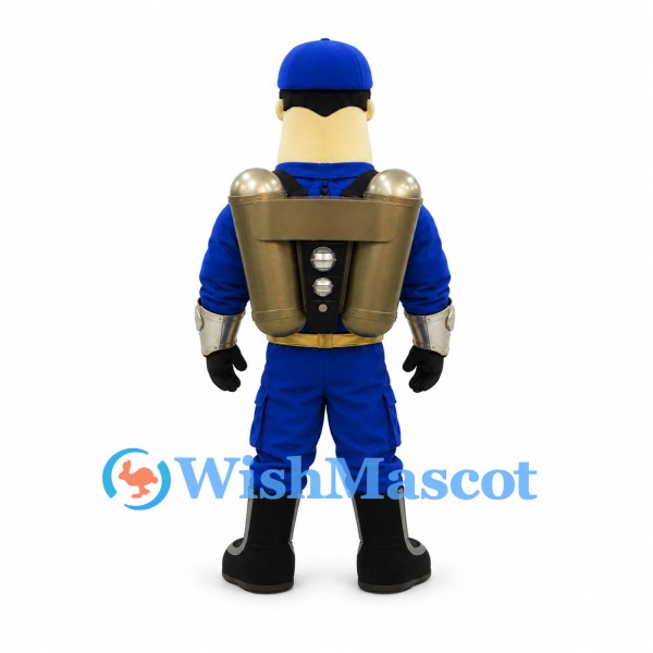 Pilot Mascot Costume with Blue Uniform and Gold Jetpack