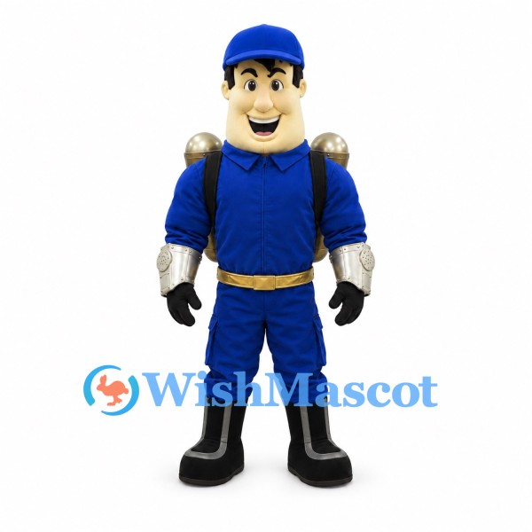 Pilot Mascot Costume with Blue Uniform and Gold Jetpack
