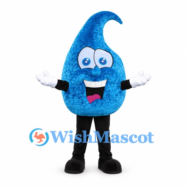 Blue Water Drop Mascot Costume with Curled Top and Textured Fabric