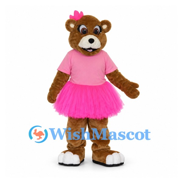 Brown Bear Mascot Costume with Pink Tutu and Hair Bow