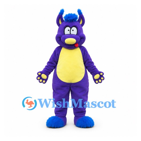 Purple Dragon Mascot Costume with Yellow Belly and Blue Horns