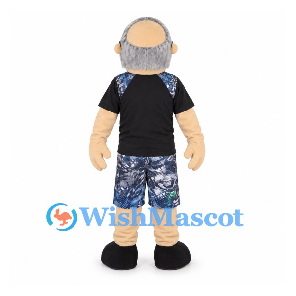 Grandfather Mascot Costume with Black Shirt and Patterned Shorts