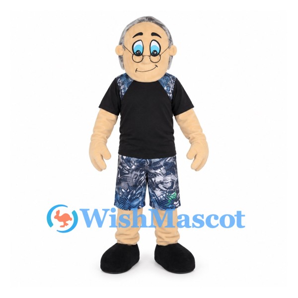 Grandfather Mascot Costume with Black Shirt and Patterned Shorts