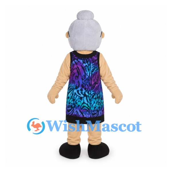 Grandmother Mascot Costume with Colorful Dress and Round Glasses