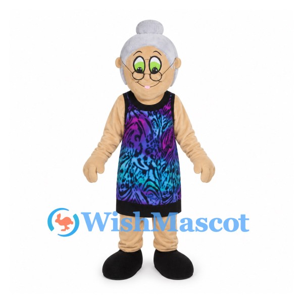 Grandmother Mascot Costume with Colorful Dress and Round Glasses
