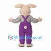 Rabbit Mascot Costume with Floral Shirt and Purple Overalls