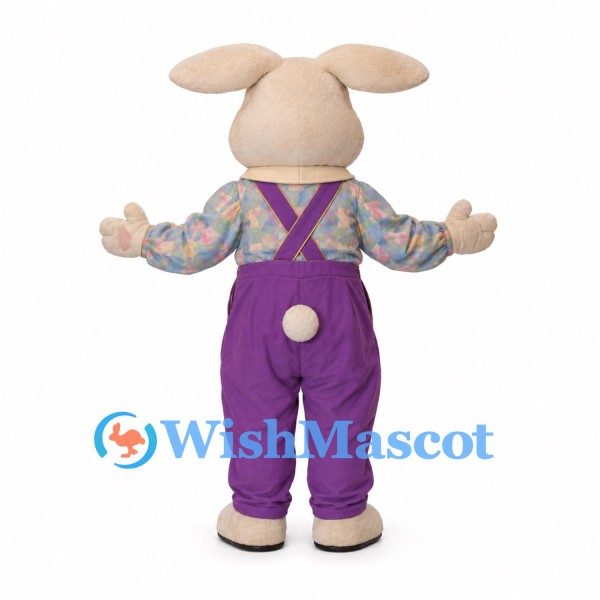 Rabbit Mascot Costume with Floral Shirt and Purple Overalls
