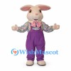 Rabbit Mascot Costume with Floral Shirt and Purple Overalls