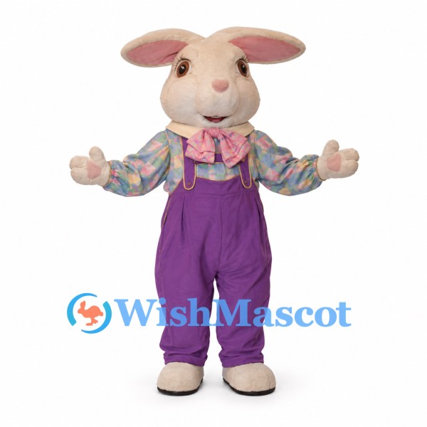 Rabbit Mascot Costume with Floral Shirt and Purple Overalls