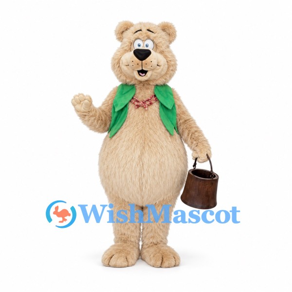 Beige Bear Mascot Costume with Green Vest and Brown Basket