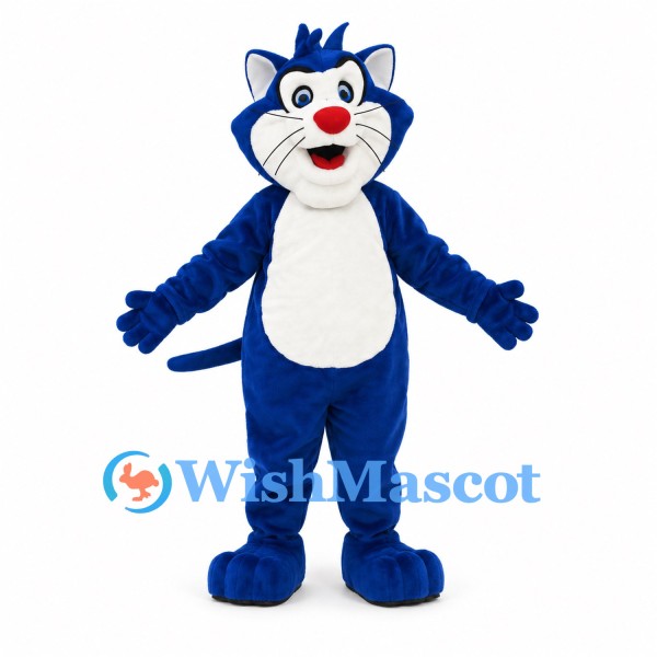 Blue Cat Mascot Costume with White Belly and Red Nose