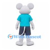 Gray Mouse Mascot Costume with Turquoise Shirt and Navy Shorts