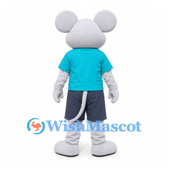 Gray Mouse Mascot Costume with Turquoise Shirt and Navy Shorts