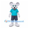 Gray Mouse Mascot Costume with Turquoise Shirt and Navy Shorts