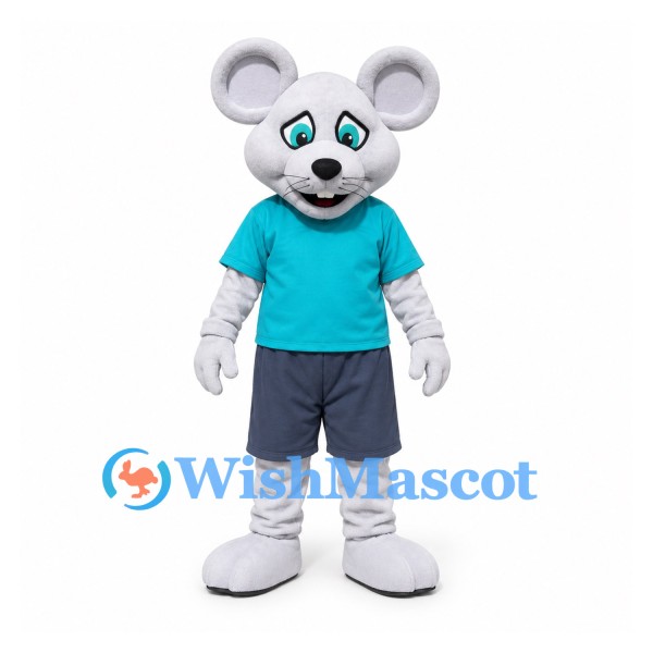 Gray Mouse Mascot Costume with Turquoise Shirt and Navy Shorts