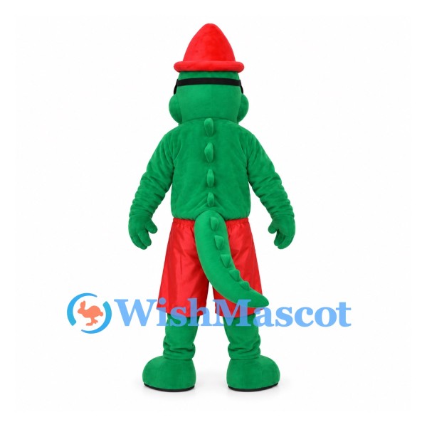Green Crocodile Mascot Costume with Red Beanie and Sunglasses