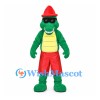 Green Crocodile Mascot Costume with Red Beanie and Sunglasses