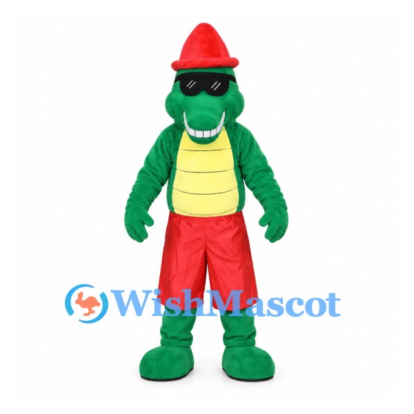 Green Crocodile Mascot Costume with Red Beanie and Sunglasses