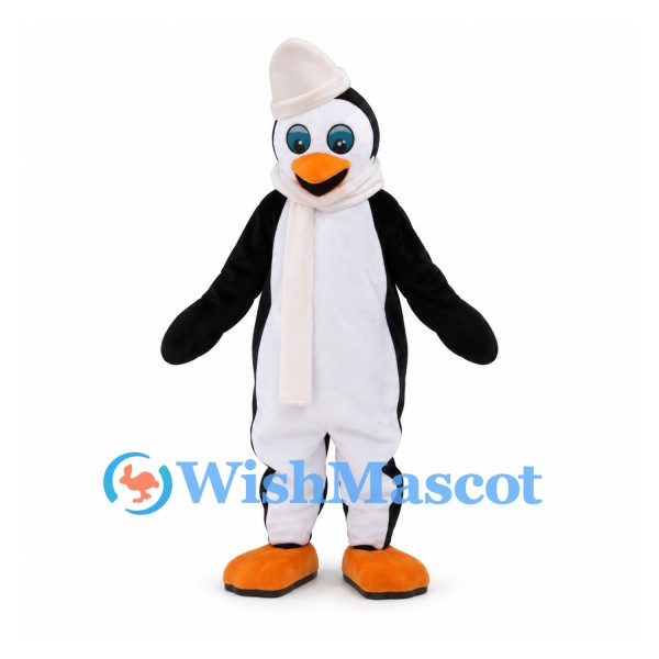 Penguin Mascot Costume with White Scarf and Black Cap