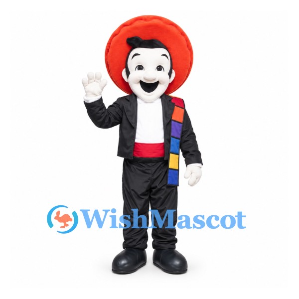 Black and White Mouse Mascot Costume with Red Hat and Colorful Sash