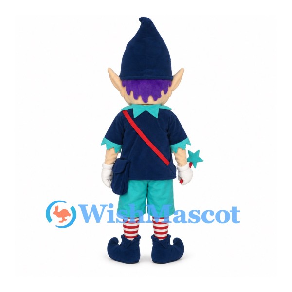 Elf Mascot Costume with Purple Hair and Navy Pointed Hat