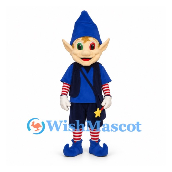 Elf Mascot Costume with Blue Hat and Navy Outfit
