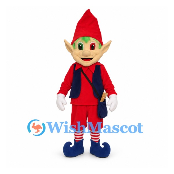 Elf Mascot Costume with Red Hat and Red Outfit