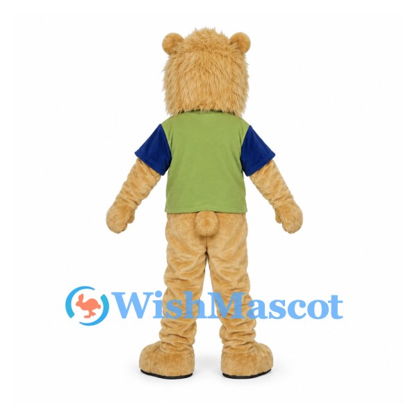 Beige Bear Mascot Costume with Green and Blue T-Shirt