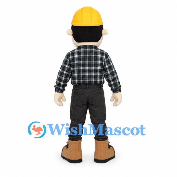 Construction Worker Mascot Costume with Yellow Helmet and Plaid Shirt