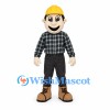 Construction Worker Mascot Costume with Yellow Helmet and Plaid Shirt