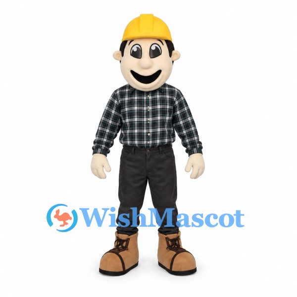 Construction Worker Mascot Costume with Yellow Helmet and Plaid Shirt