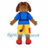 Brown Dog Mascot Costume with Blue Shirt and Yellow Cargo Shorts